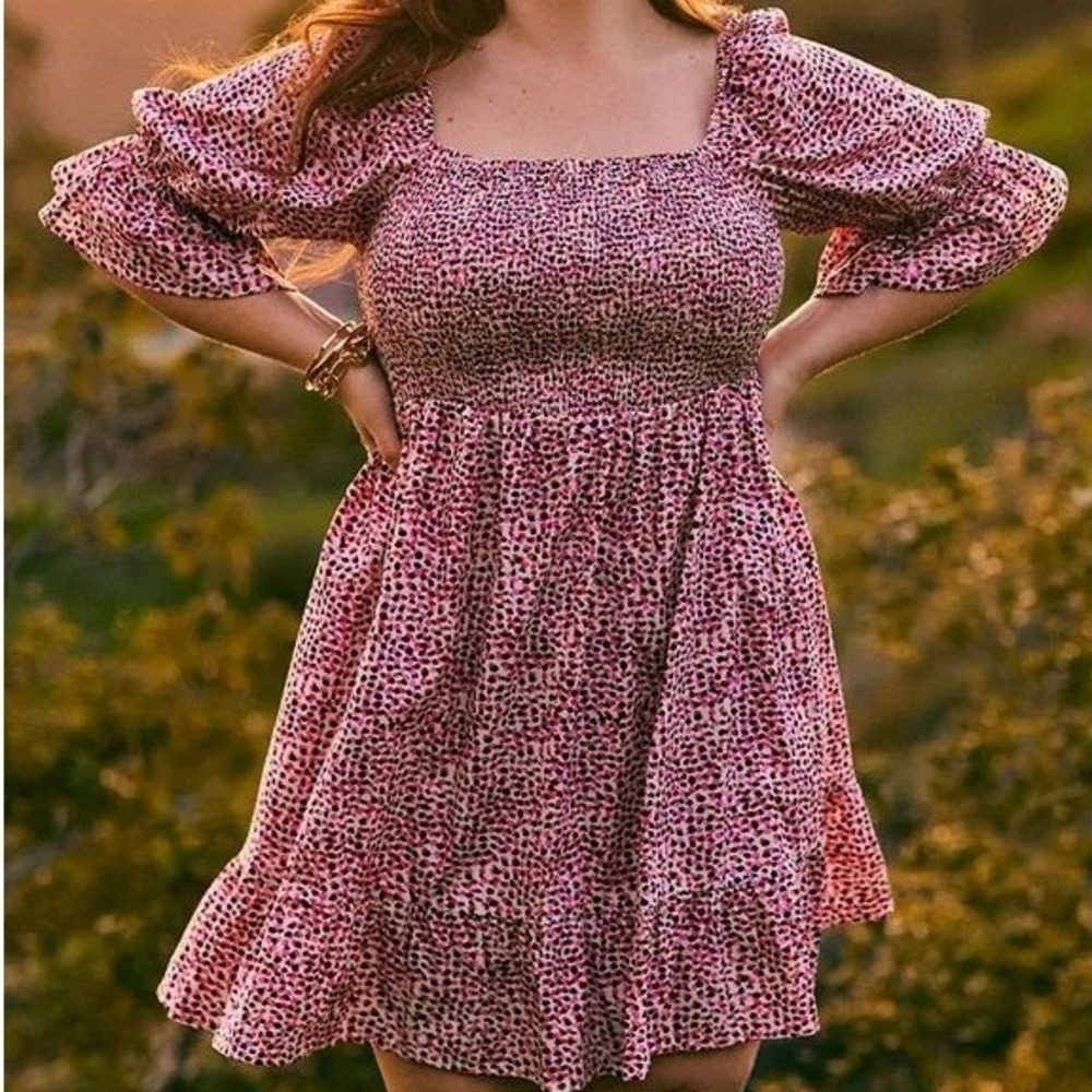 ELOQUII Elements Smocked Bodice Puff Sleeve Dress Pink Black‎ Print 18 Chic